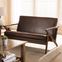 Baxton Studio Bianca-Dark Brown/Walnut Brown-LS Bianca Mid-Century Modern Walnut Wood Dark Brown Distressed Faux Leather 2-Seater Loveseat